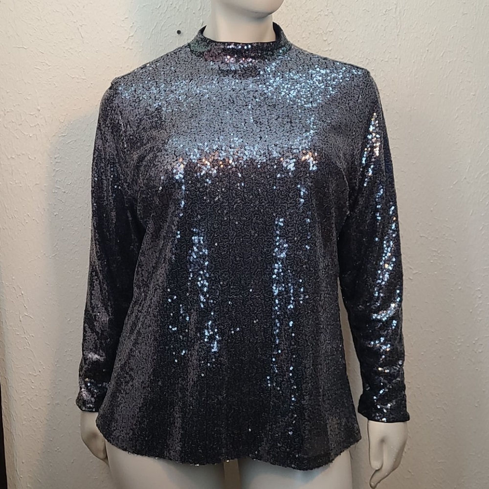 NWT black sequin mock neck long sleeve top 16W